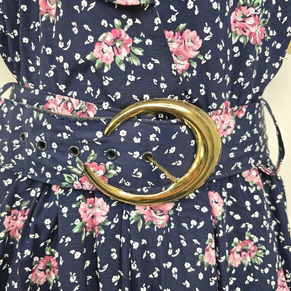 VTG 80S Navy Pink Polka Dot Puff Sleeve Tradwife Maxi Secretary Maxi Dress - Picture 6 of 13